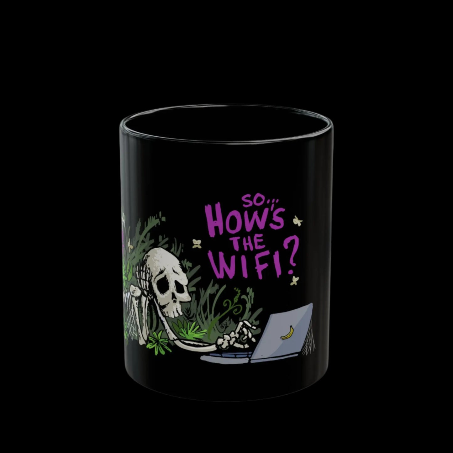 A Black Mug of a Skeleton Waiting for the Slow Public Wi-Fi