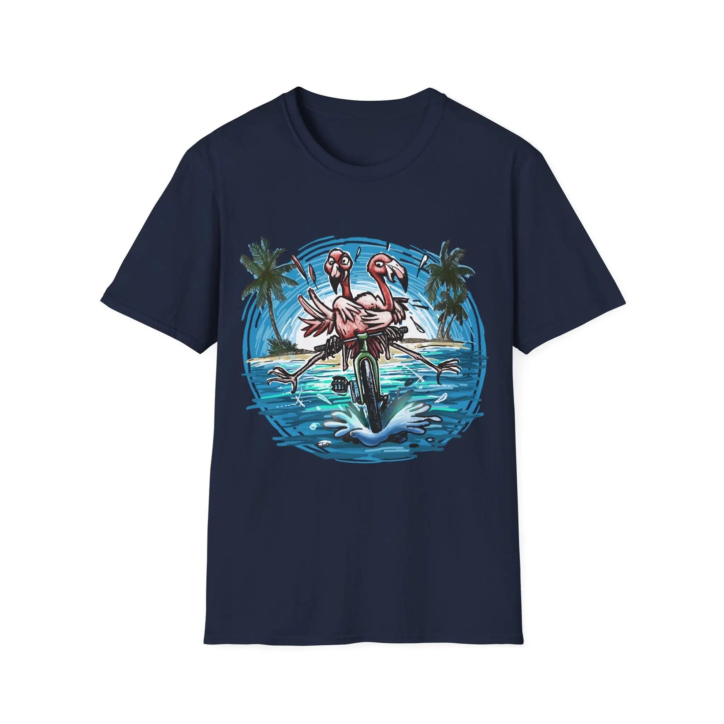 A Colorful Duo of pink Flamingos Riding a Bike at the Beach - Bike T-Shirt