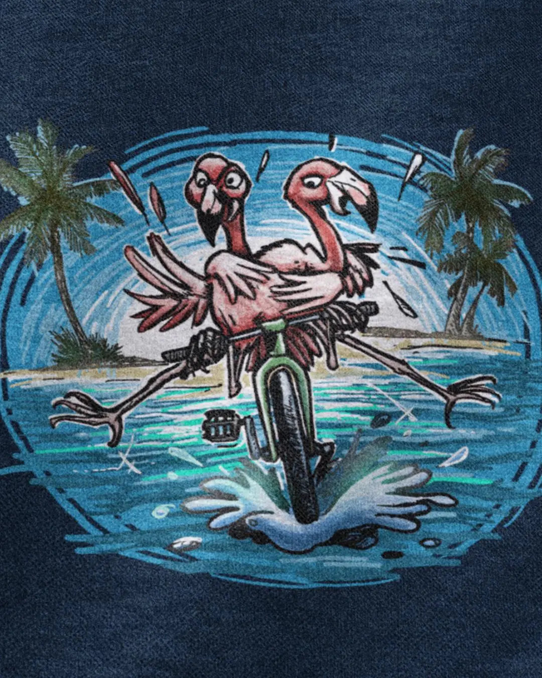 A Colorful Duo of pink Flamingos Riding a Bike at the Beach - Bike T-Shirt