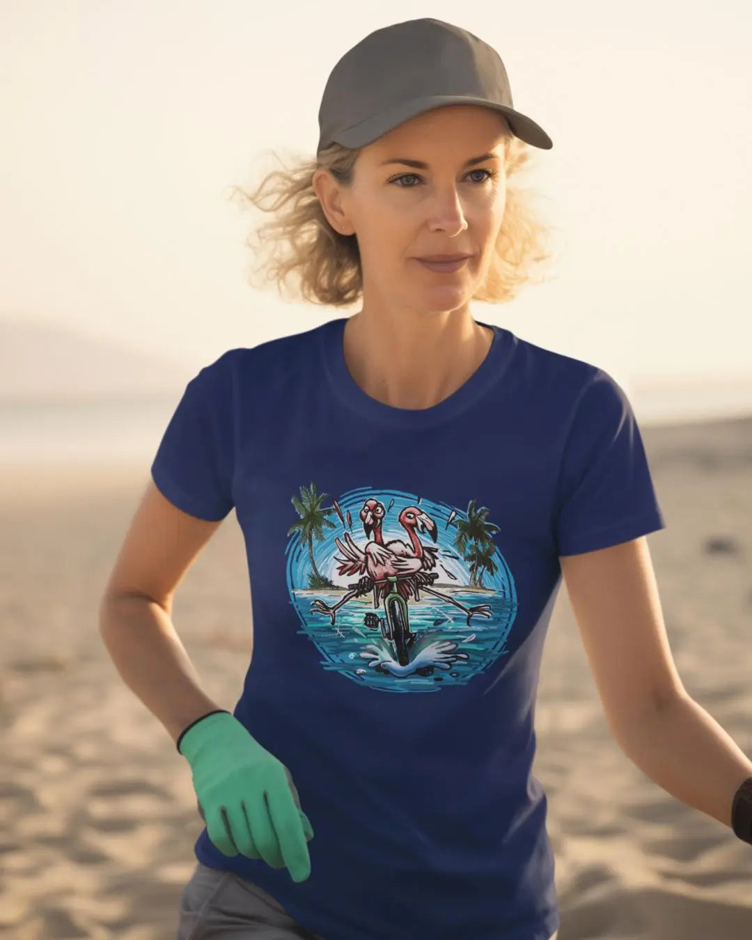 A Colorful Duo of pink Flamingos Riding a Bike at the Beach - Bike T-Shirt
