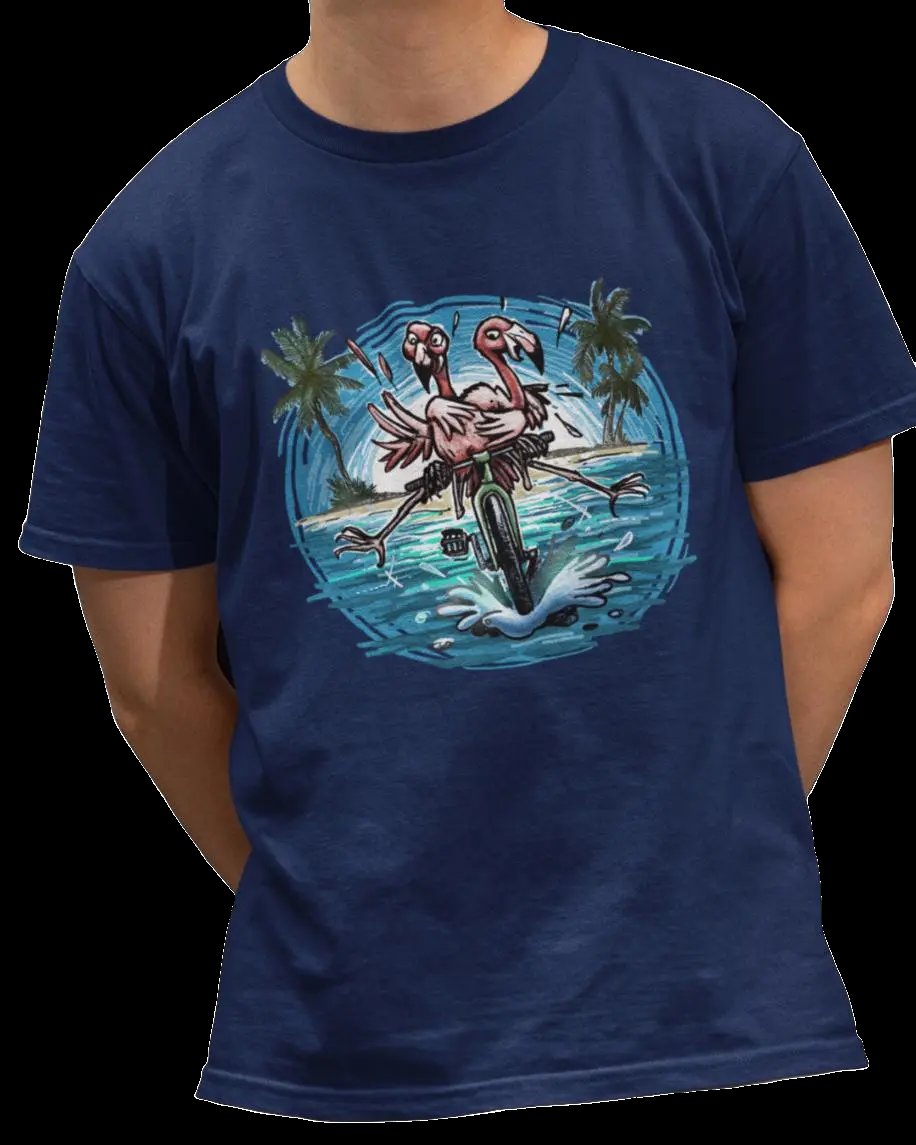 A Colorful Duo of pink Flamingos Riding a Bike at the Beach - Bike T-Shirt