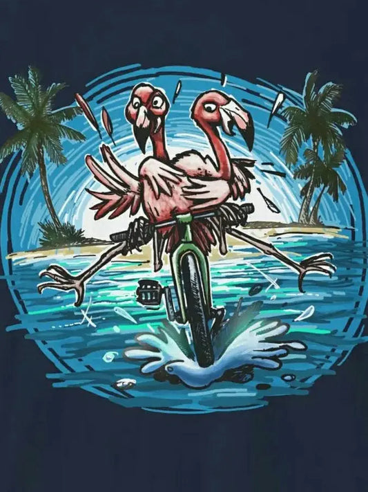 A Colorful Duo of pink Flamingos Riding a Bike at the Beach - Bike T-Shirt