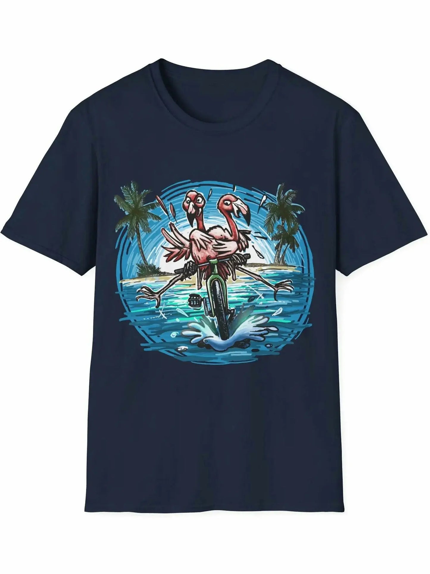 A Colorful Duo of pink Flamingos Riding a Bike at the Beach - Bike T-Shirt