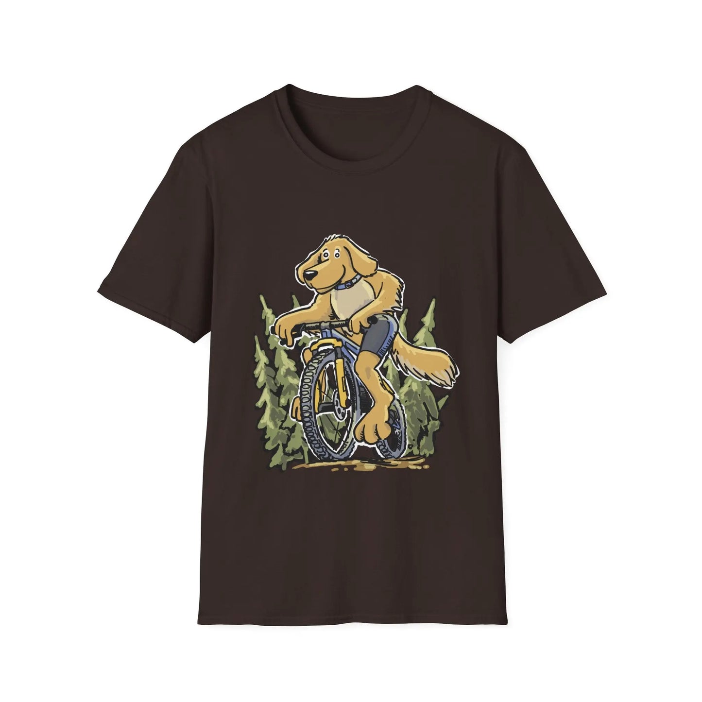 A Golden Retreiver Dog on a bicycle. Mountain Bike t-shirt.