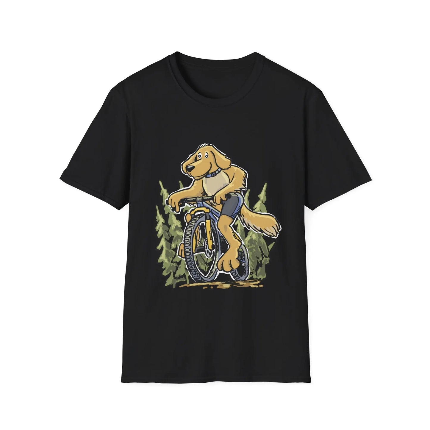 A Golden Retreiver Dog on a bicycle. Mountain Bike t-shirt.