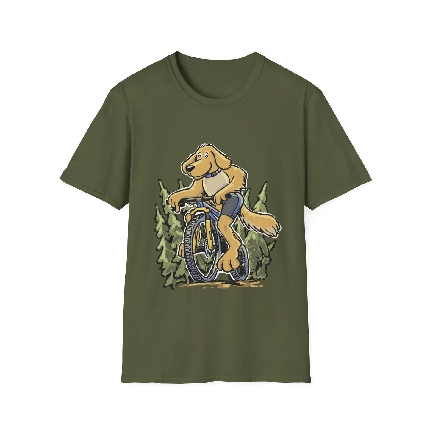 A Golden Retreiver Dog on a bicycle. Mountain Bike t-shirt.