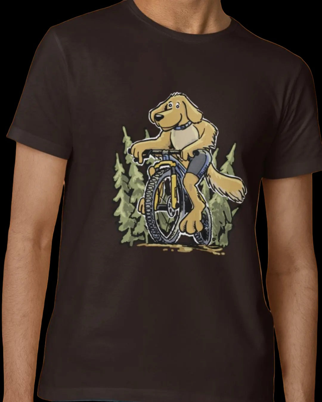 A Golden Retreiver Dog on a bicycle. Mountain Bike t-shirt.