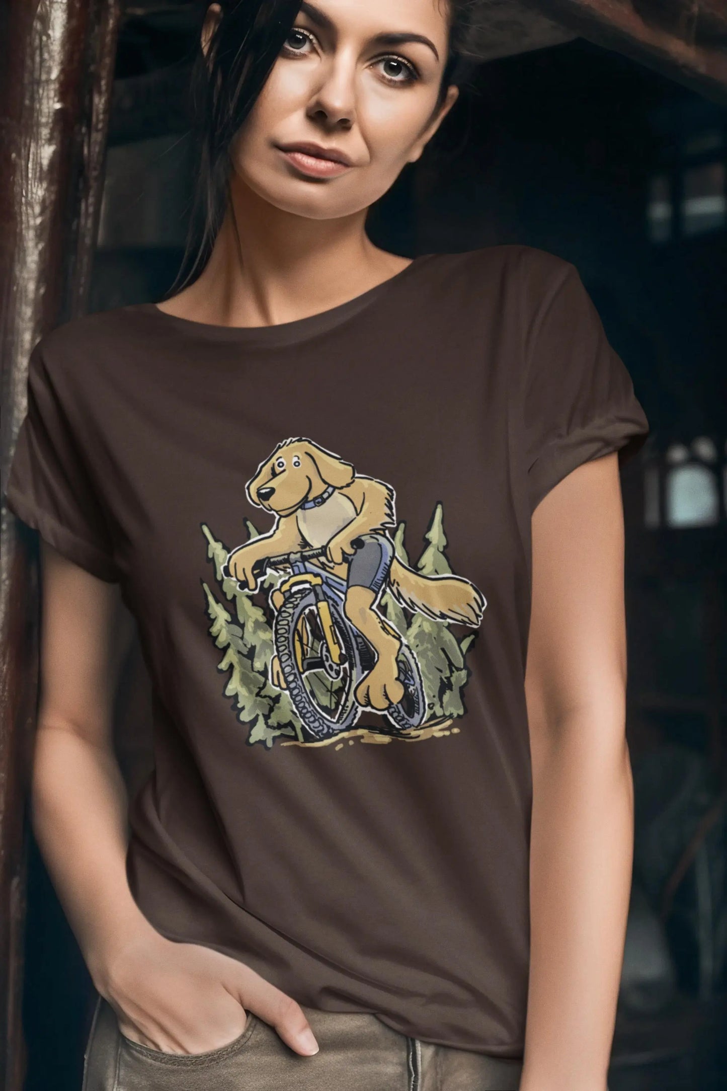 A Golden Retreiver Dog on a bicycle. Mountain Bike t-shirt.