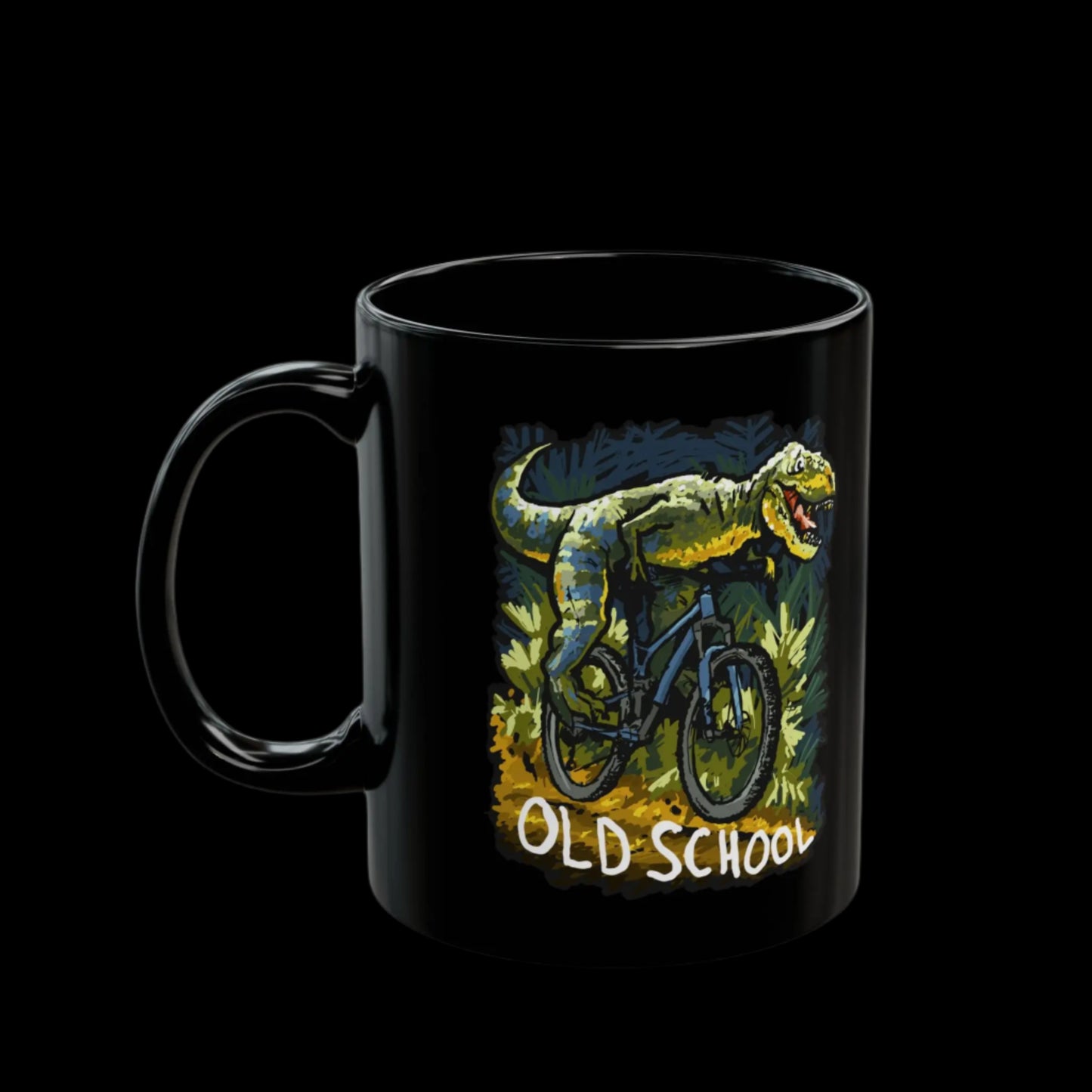 An Old-School Dinosaur Riding a Mountain Bike Mug