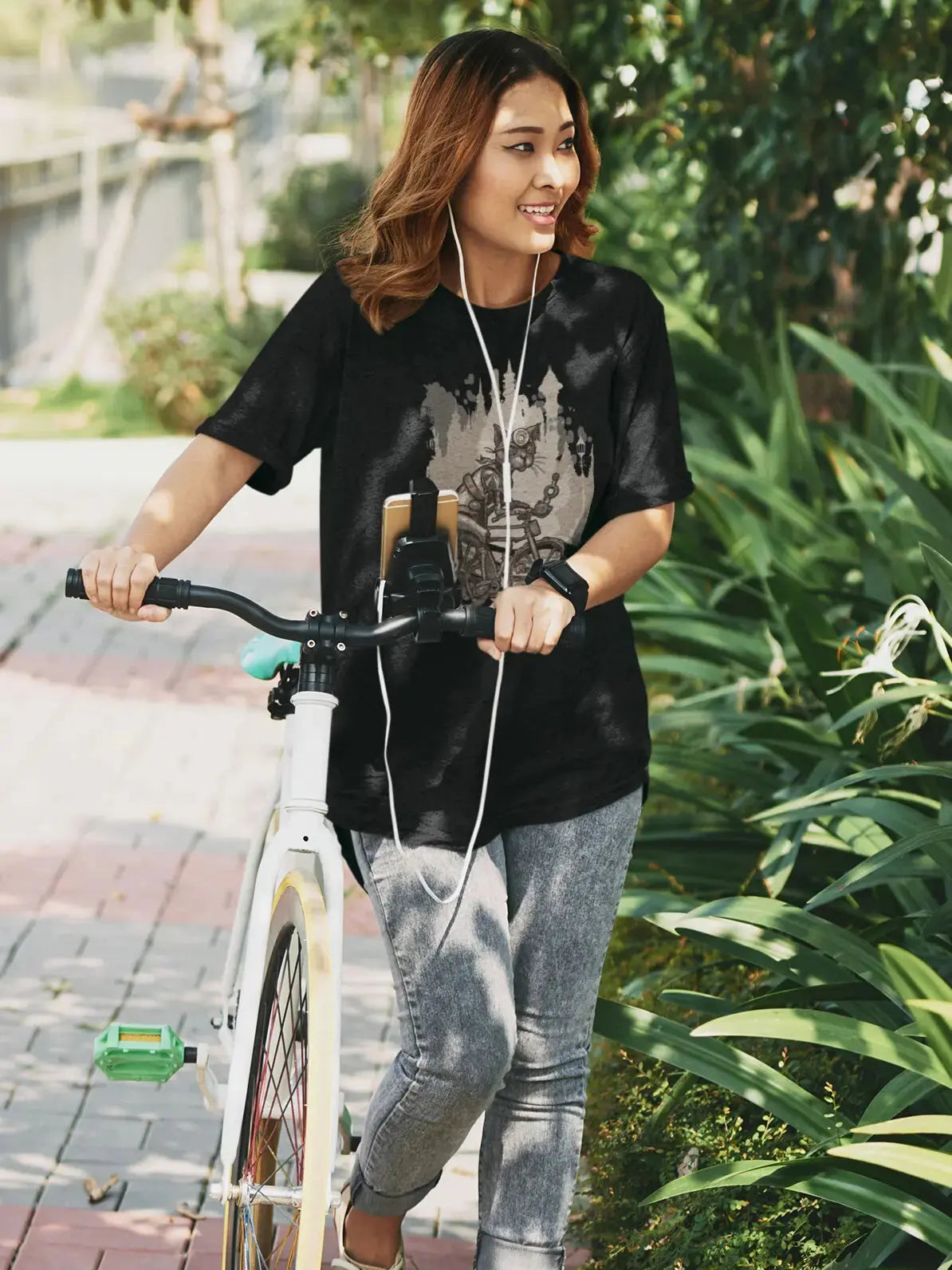 Bike Riding Steampunk Cat - Bicycle T-Shirt