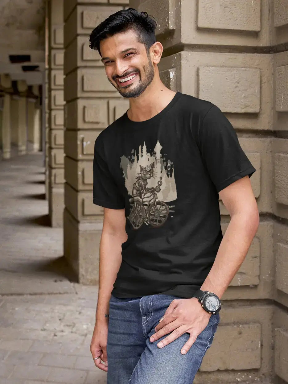 Bike Riding Steampunk Cat - Bicycle T-Shirt
