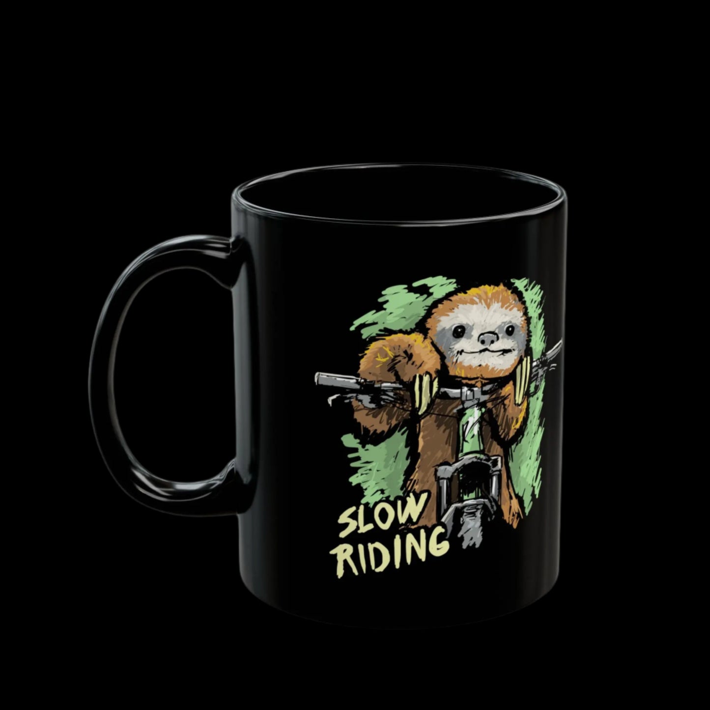 Slow-Riding Sloth on a Mountain Bike Black Mug