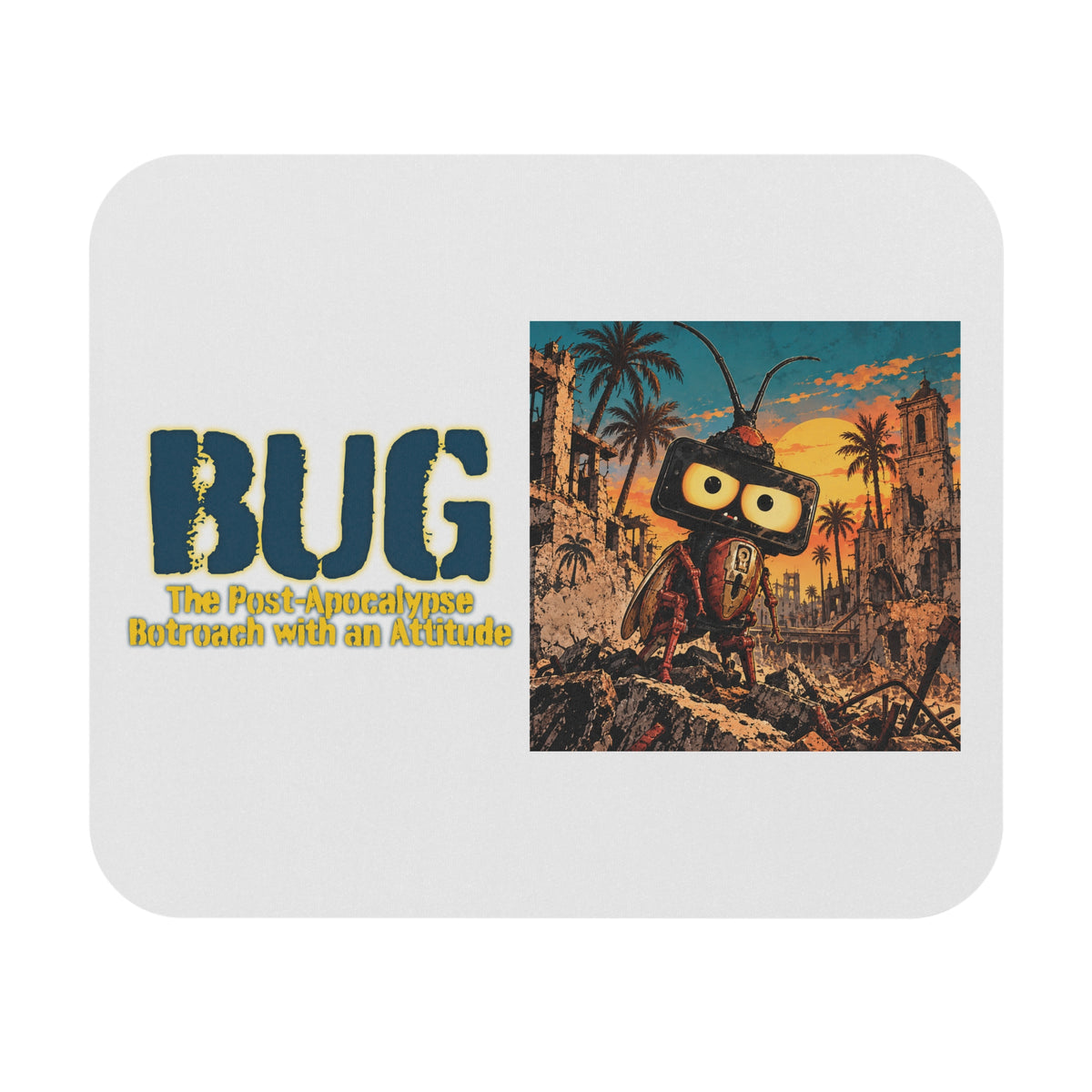 BUG Retro Robot Mouse Pad — Vintage Post-Apocalyptic Sci‑Fi Desk Mat