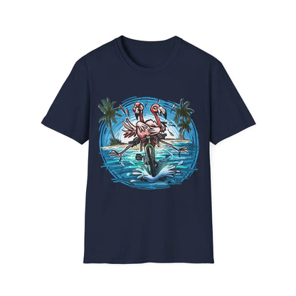 A Colorful Duo of pink Flamingos Riding a Bike at the Beach - Bike T-Shirt