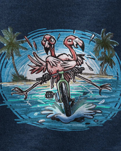A Colorful Duo of pink Flamingos Riding a Bike at the Beach - Bike T-Shirt