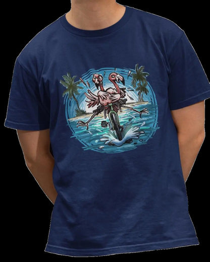 A Colorful Duo of pink Flamingos Riding a Bike at the Beach - Bike T-Shirt