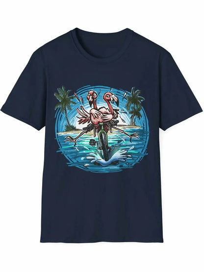 A Colorful Duo of pink Flamingos Riding a Bike at the Beach - Bike T-Shirt