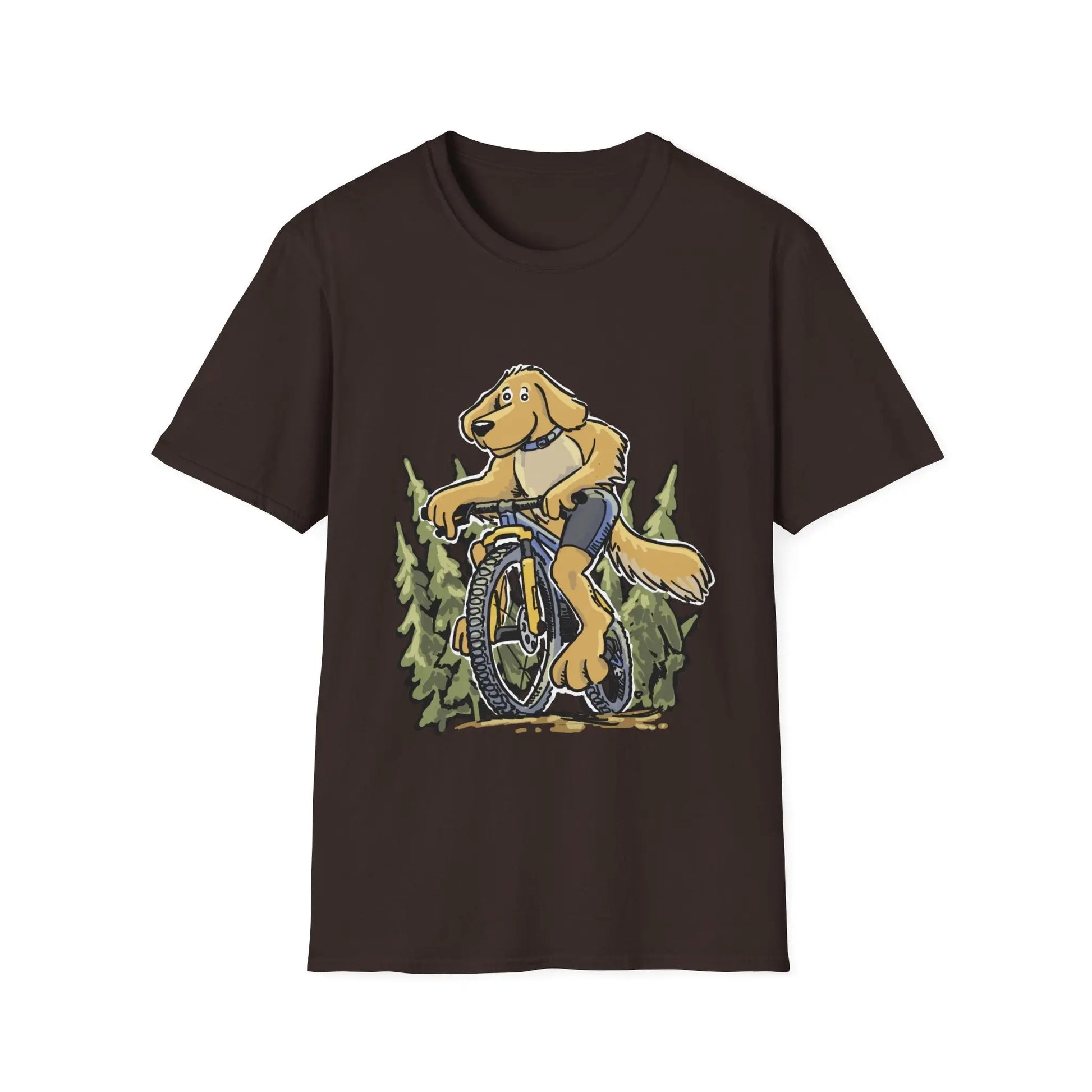 A Golden Retreiver Dog on a bicycle. Mountain Bike t-shirt.