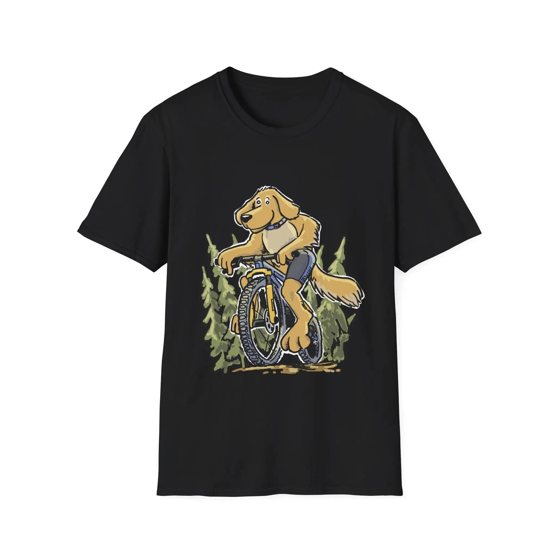 A Golden Retreiver Dog on a bicycle. Mountain Bike t-shirt.