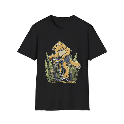A Golden Retreiver Dog on a bicycle. Mountain Bike t-shirt.