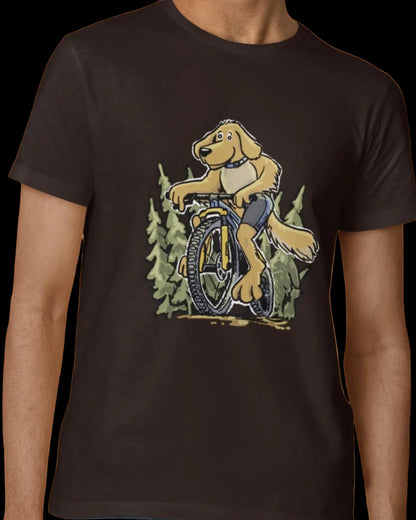 A Golden Retreiver Dog on a bicycle. Mountain Bike t-shirt.